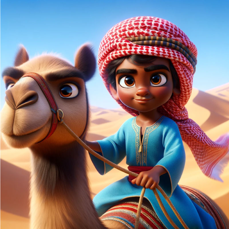 Ahmad — main character, riding a camel in the desert