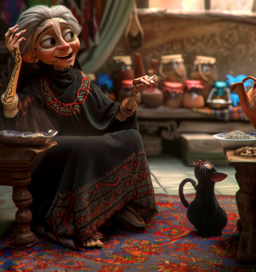 Ageleh — Ahmad's grandmother with her black cat